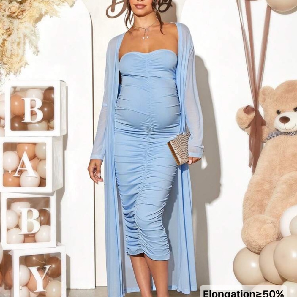 Elegant Blue Maternity Dress With Sheer Long Cardigan
